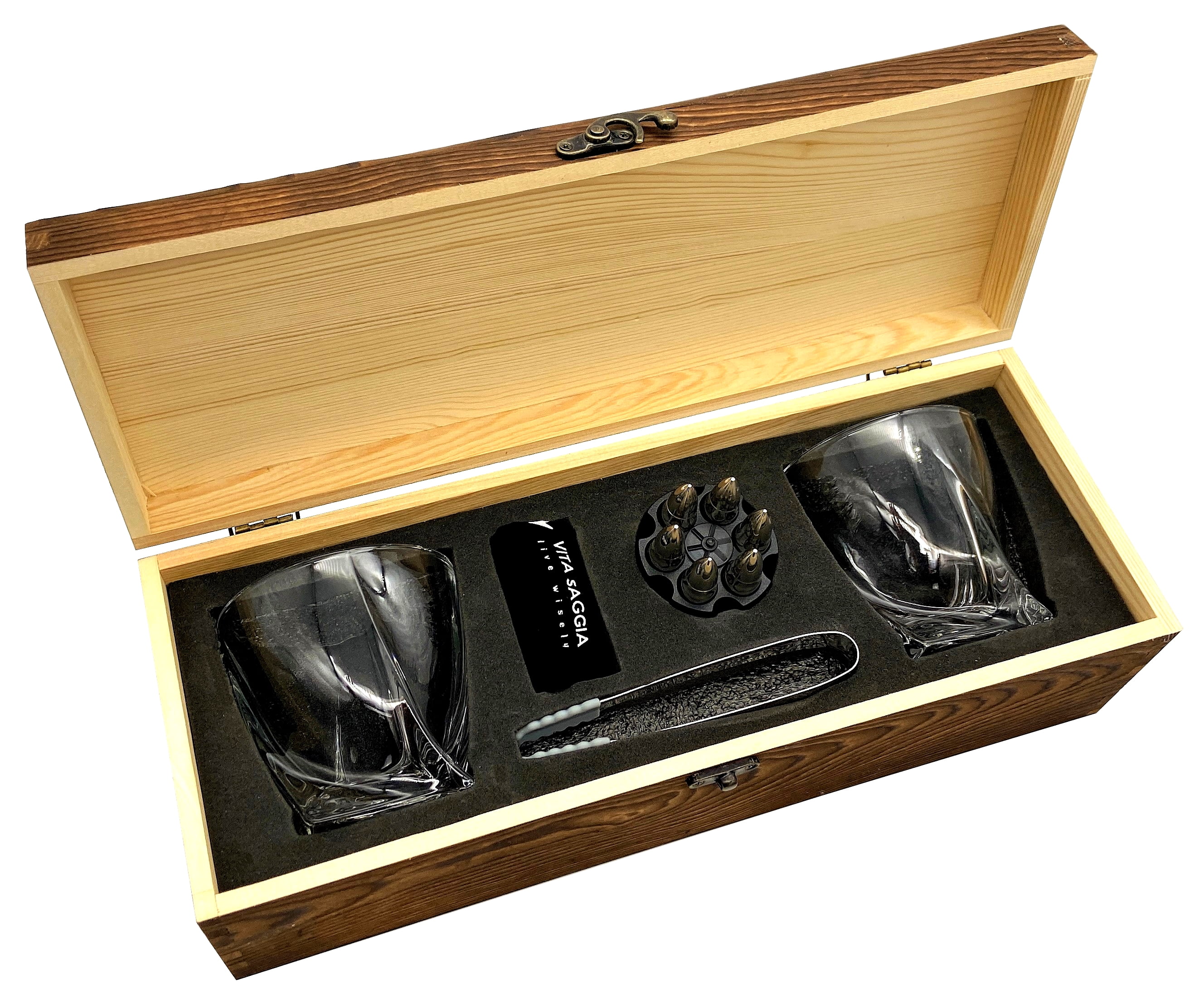 Cool Stones Whiskey Glass Gift Set - 2 Whiskey Glasses and Whiskey Stones  with Tongs in Velvet Bag All Presented in an Elegant Wooden Box for Men
