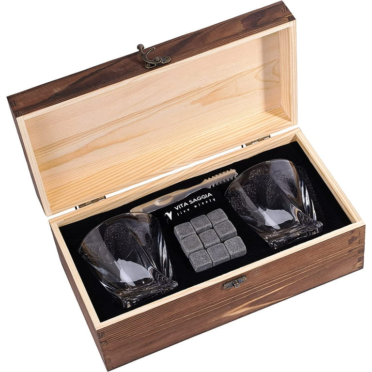 Luxury Whiskey Glass Set of 2, Gift Set In Wooden Box, Includes 9 Whiskey  Ice Stones, Velvet Bag and Stainless Steel Tongs. Great Gift For Men, Dad,  Christmas. 