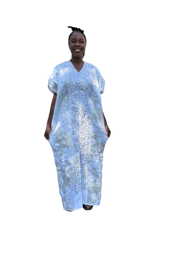 Luxury White African Damask Brocade Bubu/Boubou Maxi Dress