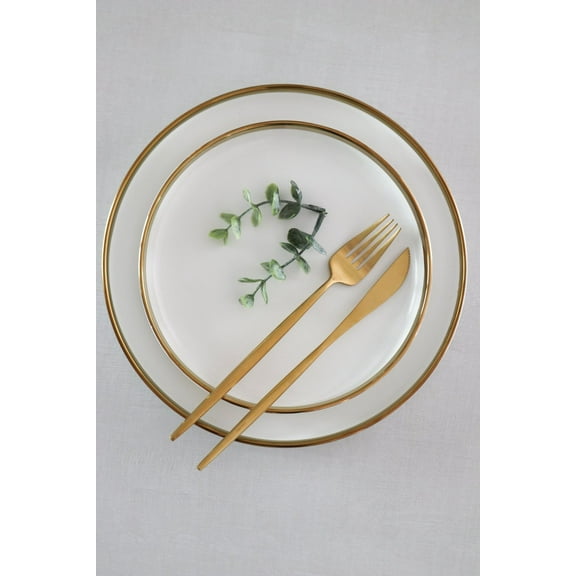 Luxury White Ceramic Dinner Plate with Hand-Applied Gold Rim  10.25" Set of 2 Large Flat Plate | Oven & Dishwasher Safe | Marcel Ardani