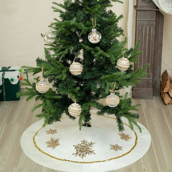 Luxury White Christmas Tree Skirt - Shimmering Metallic Snowflake Design on Soft Velvet Base | Fits Small & Large Trees (Machine Washable Festive Decor)