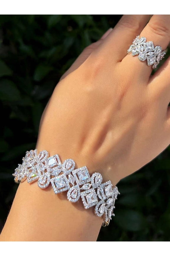 Luxury White Cubic Zirconia Cuff Bangle Bracelet And Ring Set For Women