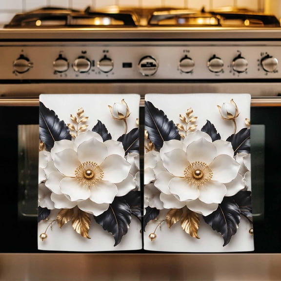 Luxury White Floral Kitchen Towels Set of 2, Elegant Decor Botanical Print Absorbent Dish Towels for Kitchen, Microfiber Hand Towel, Quick Drying Tea Towel for Cleaning Decorative Dishcloths