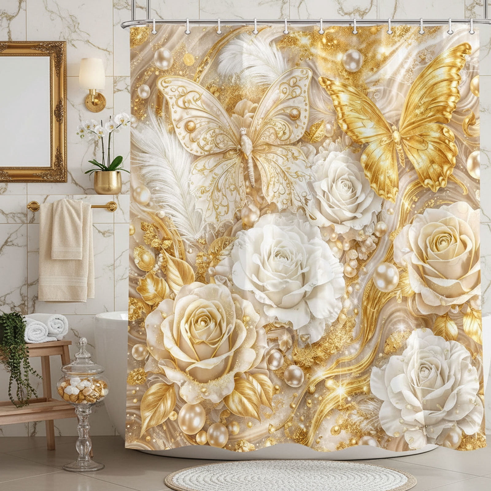 Luxury White and Gold Butterfly Floral Shower Curtain, Elegant Marble Rose Modern Texture Shower Curtains for Bathroom Decor, Elegant Golden Fluid Aesthetic Bath Curtain Set with Hooks,70X70IN