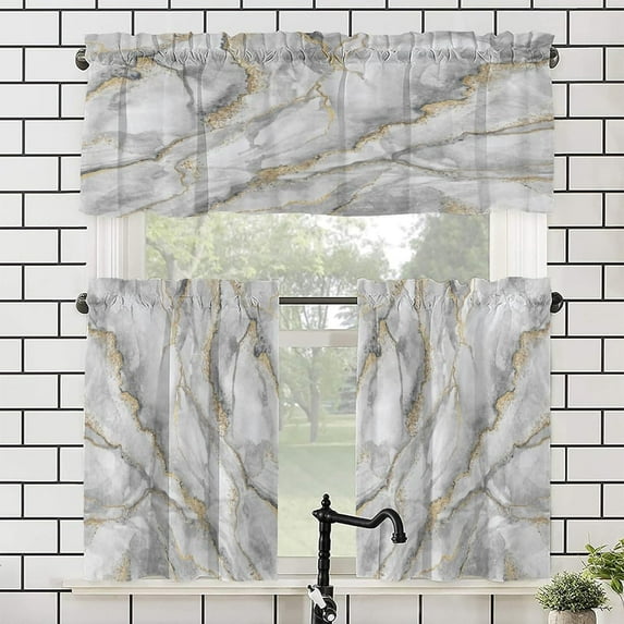 Luxury White Gold Marble Kitchen Curtains Tiers Valances Set,Abstract Modern Art Ink Gold Foil Geometric Texture Marble 3Pcs Rod Pocket Window Treatment Tiers,1 Valance(54"x18")+2 Tiers(27.5W x24L)