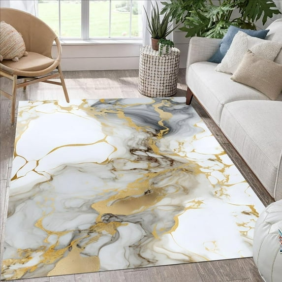 Luxury White Gray Gold Marble Texture Modern Area Rug 4'x5' Washable Soft Fluffy Big Rug for Living Room Bedroom Guestroom Unique Art Deco Carpet Under Diningroom Table Indoor Floorcover Rug Mat