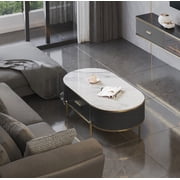 Luxury White/Gray Sintered Stone Top Coffee Table with a Gold-Trimmed Drawer