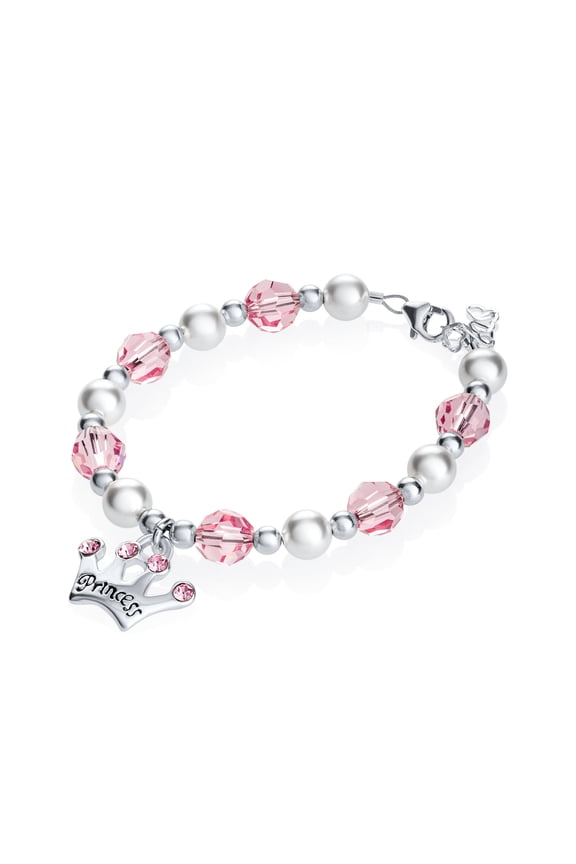 Luxury White Simulated Pearls Pink Pave Crystals with Sterling Silver Princess Crown Charm Baby Girl Bracelet (B139)