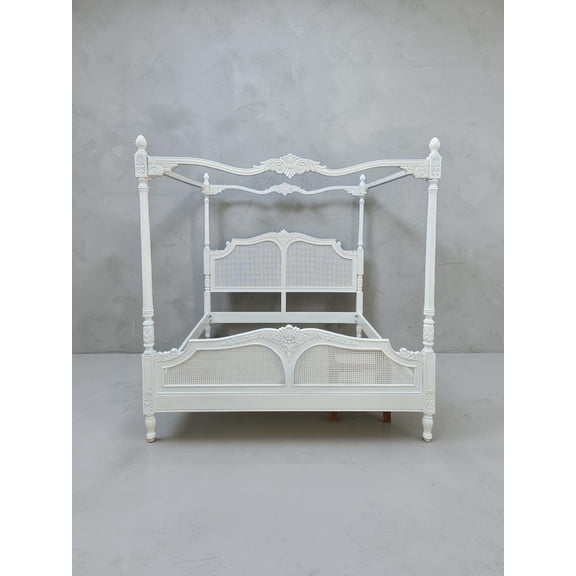 Luxury White Solid Wood Cane Canopy Bed | Handcrafted Four Poster Bed Frame