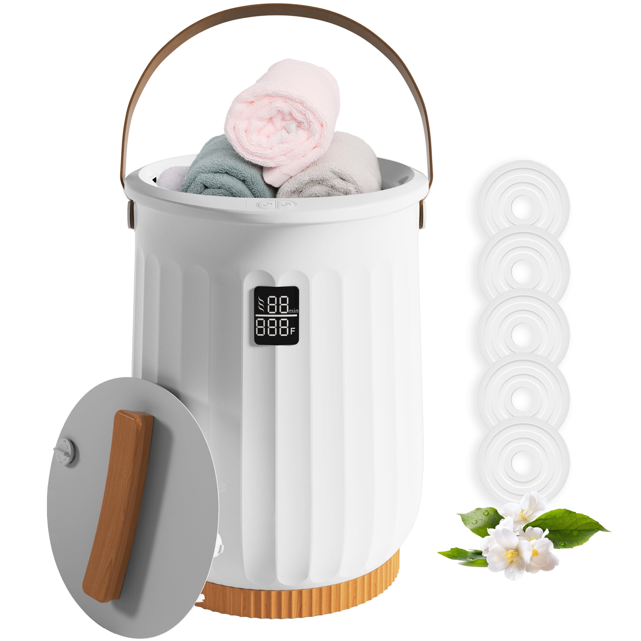 Luxury White Towel Warmer Bucket with 4 Heating Modes, Auto Shut-Off, Digital Display & Wooden Handle  Perfect for Spa-Like Bathroom Comfort, Ideal Gift for Home, Salons, and Spas, Bathroom