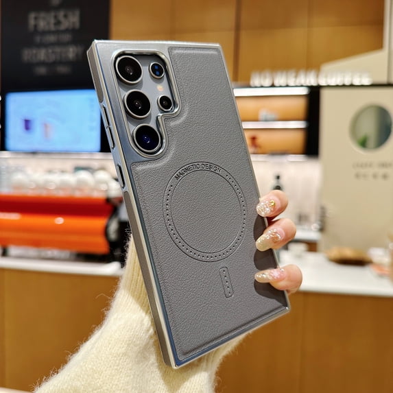 Luxury Wireless Charging Magnetic PU Leather Slim Fit Phone Case for Samsung Galaxy S25 Plus, Compatible with Magsafe Shockproof Plating Frame Lightweight Anti-Fall Cover for S25 Plus, Gray