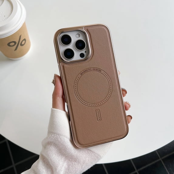 Luxury Wireless Charging Magnetic PU Leather Slim Fit Phone Case for iPhone 13 Pro, Compatible with Magsafe Shockproof Plating Frame Lightweight Anti-Fall Cover for iPhone 13 Pro, Desertgold