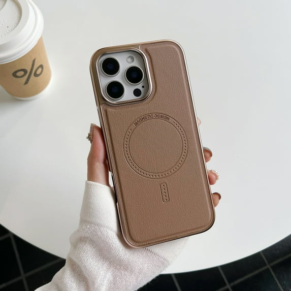 Luxury Wireless Charging Magnetic PU Leather Slim Fit Phone Case for iPhone 15 Pro Max, Compatible with Magsafe Shockproof Plating Frame Lightweight Anti-Fall Cover for iPhone 15 Pro Max, Desertgold