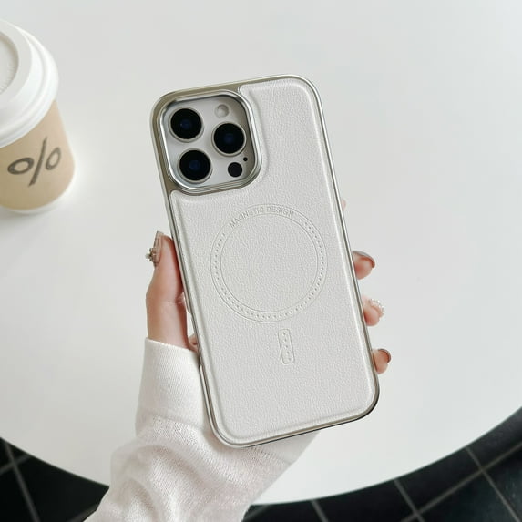 Luxury Wireless Charging Magnetic PU Leather Slim Fit Phone Case for iPhone 15 Pro Max, Compatible with Magsafe Shockproof Plating Frame Lightweight Anti-Fall Cover for iPhone 15 Pro Max, White
