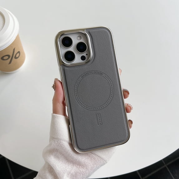 Luxury Wireless Charging Magnetic PU Leather Slim Fit Phone Case for iPhone 16, Compatible with Magsafe Shockproof Plating Frame Lightweight Anti-Fall Cover for iPhone 16, Gray