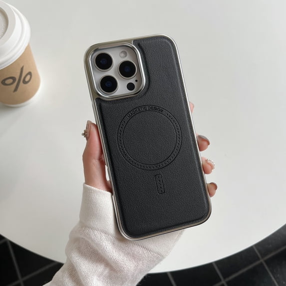 Luxury Wireless Charging Magnetic PU Leather Slim Fit Phone Case for iPhone 16, Compatible with Magsafe Shockproof Plating Frame Lightweight Anti-Fall Cover for iPhone 16, Black