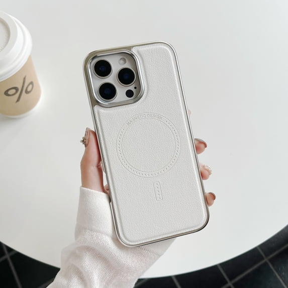 Luxury Wireless Charging Magnetic PU Leather Slim Fit Phone Case for iPhone 16, Compatible with Magsafe Shockproof Plating Frame Lightweight Anti-Fall Cover for iPhone 16, White