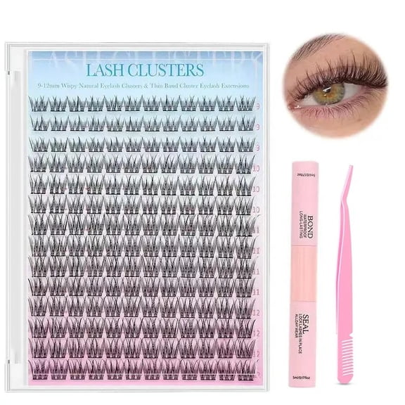 Luxury Wispy Individual Lash Clusters, 9-12mm Mixed-Length Eyelash Extensions with Soft Thin Band for Seamless Blending, Fluffy Volume Natural-Look DIY Lashes