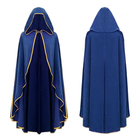 Luxury Wizard Witch Robe, Gold Trim Velvet Long Hooded Cape Cloak, Full Length Wizard Witch Robe for Halloween Medieval Cosplay, 6 Color Luxury Velvet Costume Cape, Blue One Size
