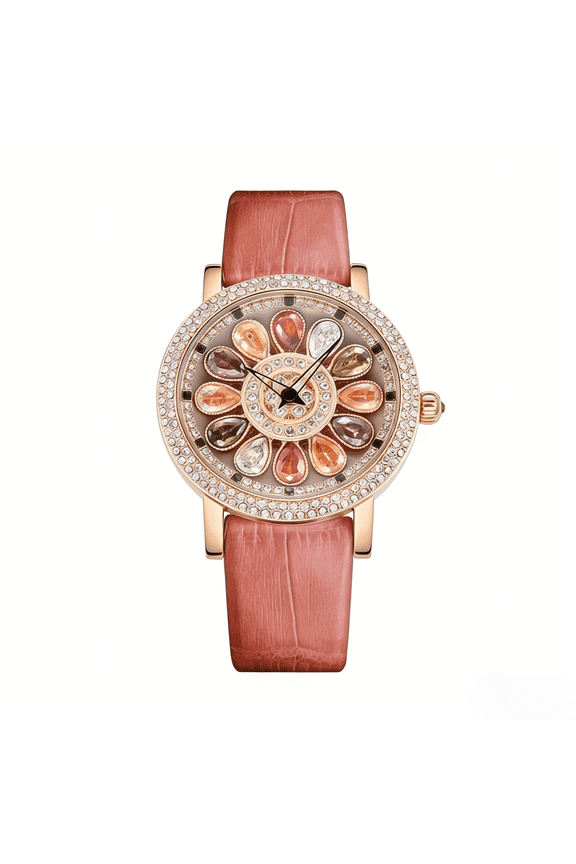 Luxury Women Quartz Watch with Transparent Skeleton Dial Colorful Rhinestones Rotatable Rose Gold Face Leather Strap