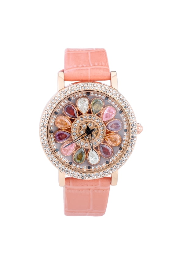 Luxury Women Quartz Watch with Transparent Skeleton Dial Colorful Rhinestones Rotatable Rose Gold Face Leather Strap