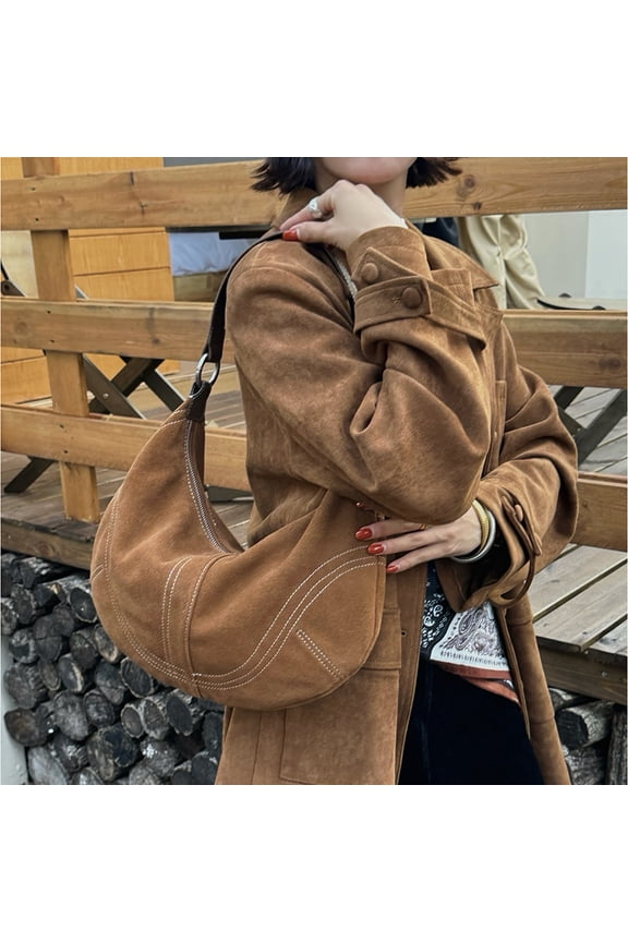 Luxury Women Suede Leather Hobo Shoulder Bag Vintage Half moon Handbag Cross body Daily Casual Underarm Purse Genuine Cowhide