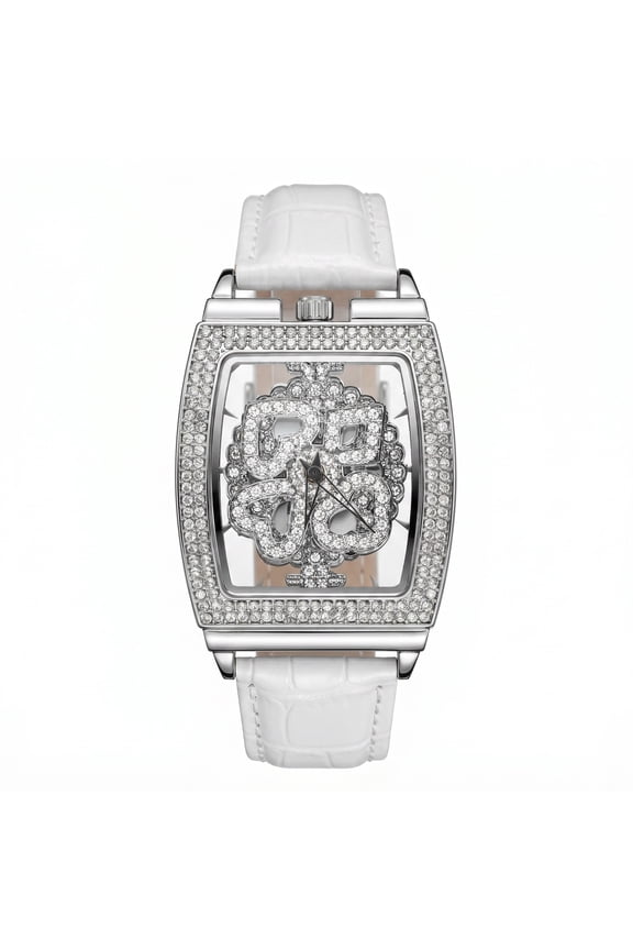 Women's Quartz Leather Strap Watch with Rotating Snowflake Dial, Rhinestone Accents 32mm