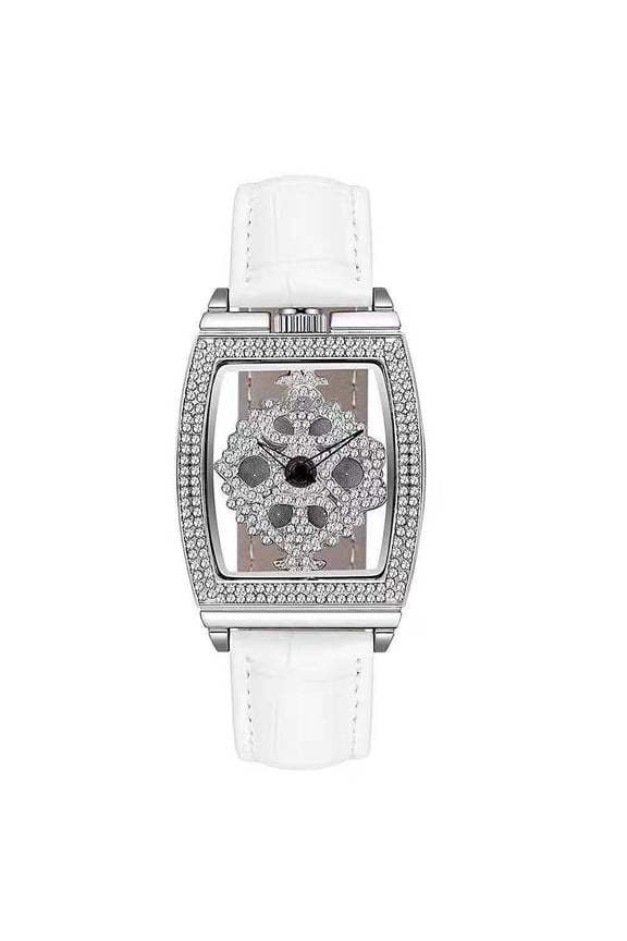 Luxury Women's Analog Quartz Dress Watch, Easy Read, Rotating Snowflake Dial, Rhinestone Accents, Leather Strap