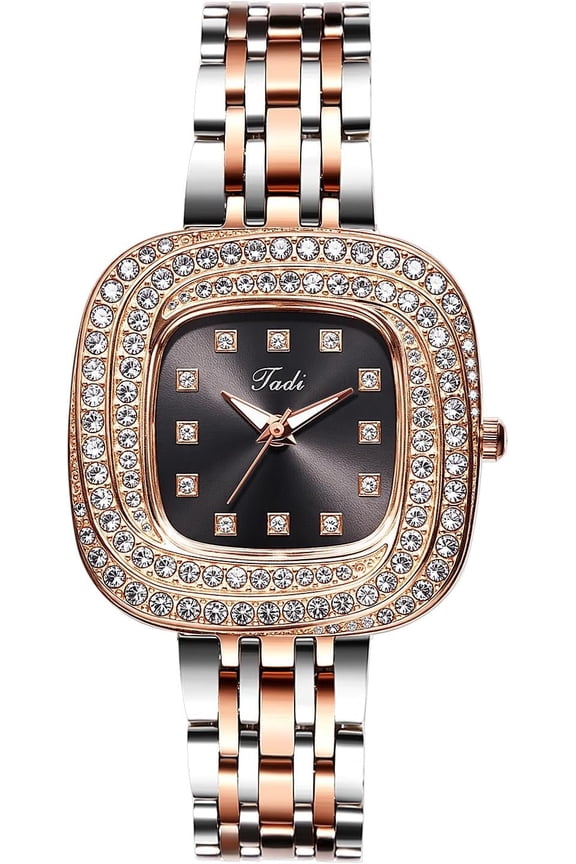 Luxury Women's Square Watch: Analog Quartz Bling Full Rhinestone Sparkling Dial -Rose Strap Ladys Dress Wristwatch