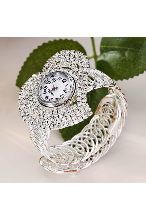 Luxury Women’s Wristwatches Fashion Design Heart-Shaped Quartz Dial Rhinestone Bracelet Watch Stainless Steel Lady Diamond Clock Spring-Open Bangle Gold Silver Female Accessory for Daily Wear Gift