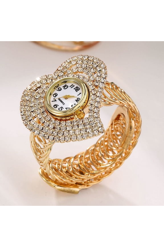 Luxury Women’s Wristwatches Fashion Design Heart-Shaped Quartz Dial Rhinestone Bracelet Watch Stainless Steel Lady Diamond Clock Spring-Open Bangle Gold Silver Female Accessory for Daily Wear Gift