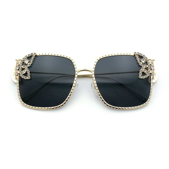 Luxury Womens Heavy Rhinestone Bling Rectangle Butterfly Metal Sunglasses Gold - Black