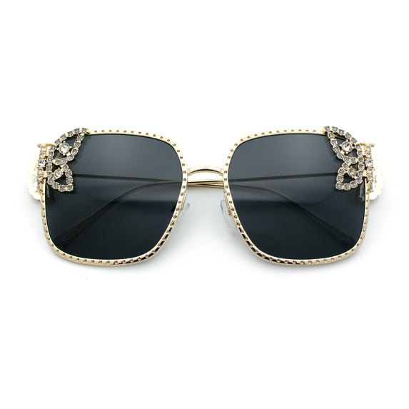 Luxury Womens Heavy Rhinestone Bling Rectangle Butterfly Metal Sunglasses Gold - Black