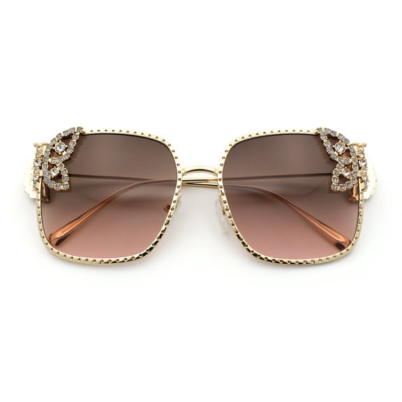 Luxury Womens Heavy Rhinestone Bling Rectangle Butterfly Metal Sunglasses Gold - Brown Pink