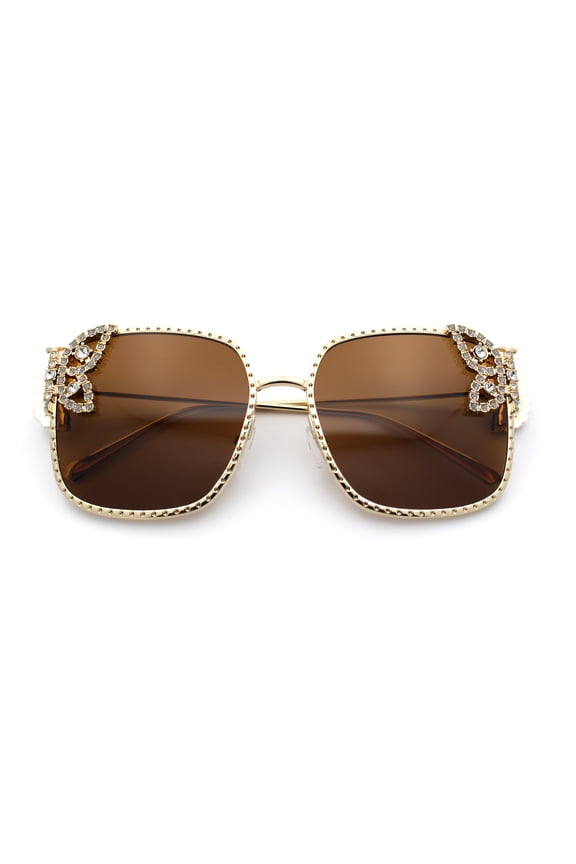 Luxury Womens Heavy Rhinestone Bling Rectangle Butterfly Metal Sunglasses Gold - Brown