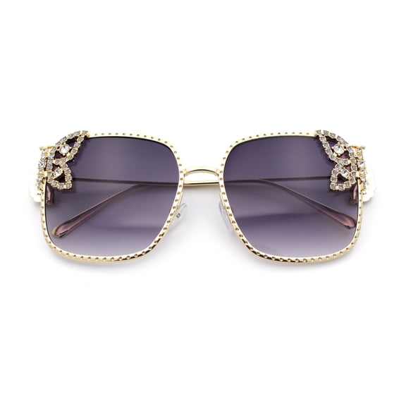Luxury Womens Heavy Rhinestone Bling Rectangle Butterfly Metal Sunglasses Gold - Smoke