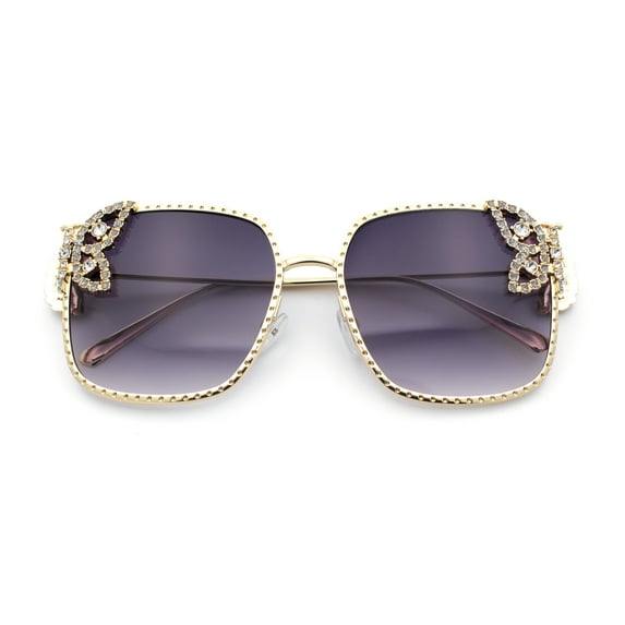 Luxury Womens Heavy Rhinestone Bling Rectangle Butterfly Metal Sunglasses Gold - Smoke