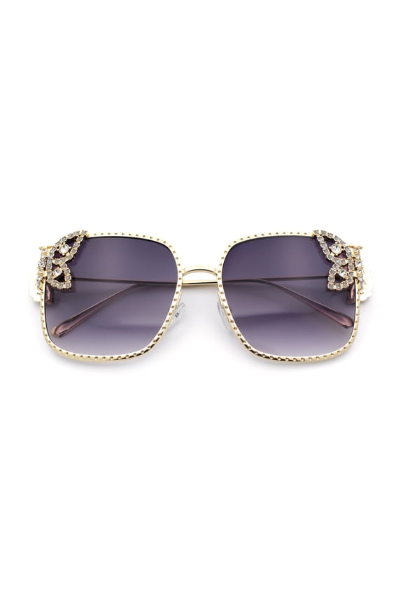 Luxury Womens Heavy Rhinestone Bling Rectangle Butterfly Metal Sunglasses Gold - Smoke