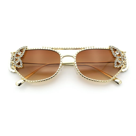 Luxury Womens Heavy Rhinestone Iced Out Cat Eye Metal Sunglasses Gold - Gradient Brown