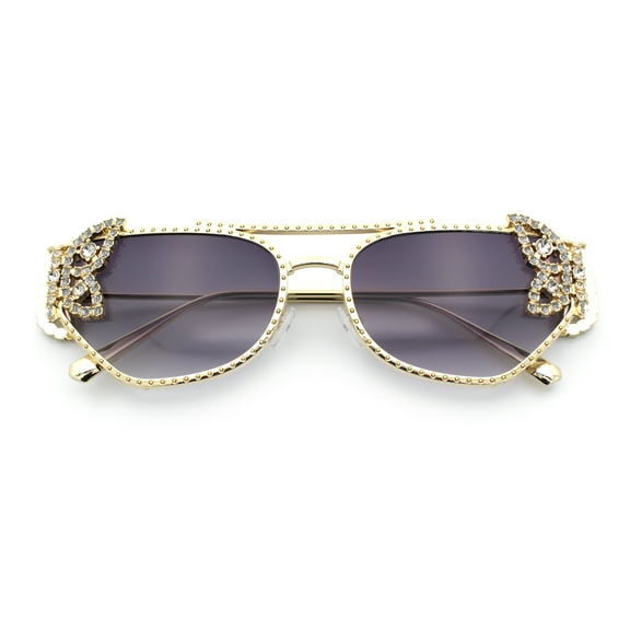 Luxury Womens Heavy Rhinestone Iced Out Cat Eye Metal Sunglasses Gold - Smoke