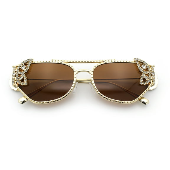 Luxury Womens Heavy Rhinestone Iced Out Cat Eye Metal Sunglasses Gold - Solid Brown