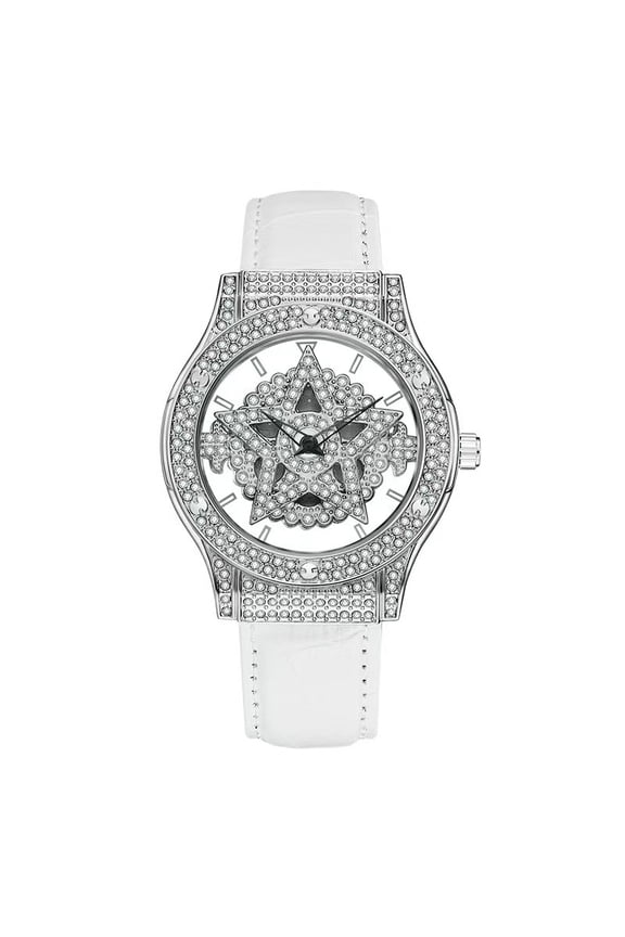 Luxury Womens Quartz Watch with Crystal Star Dial White Leather Band Stylish Analog Dress & Casual WatchesPerfect Gift for Her