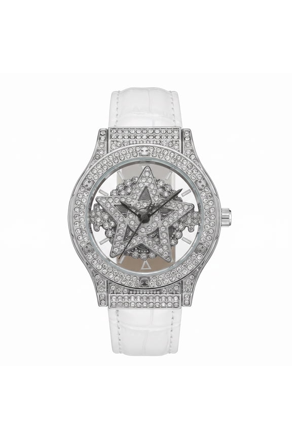Luxury Womens Quartz Watch with Crystal Star Dial White Leather Band Stylish Analog Dress & Casual WatchesPerfect Gift for Her