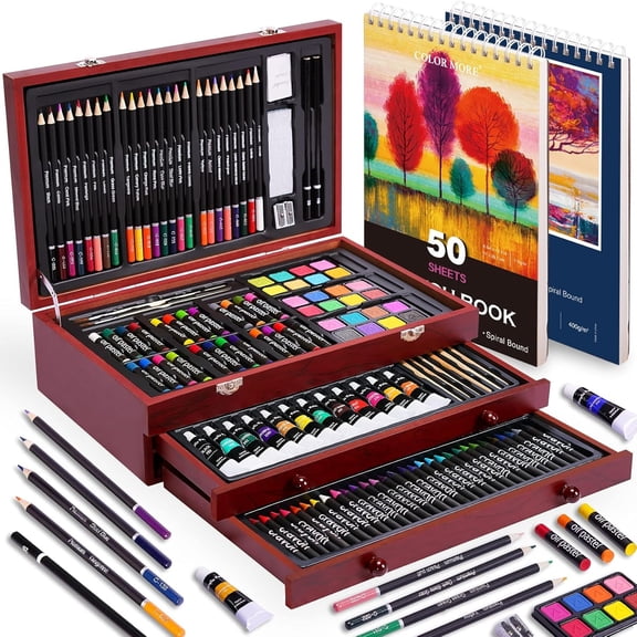 Luxury Wooden Art Set with 2 Drawing Pads and Deluxe Gift Box Packaging, Professional Drawing & Painting Kit with 2 Drawing Pads, Acrylic Paints, Colored Pencils
