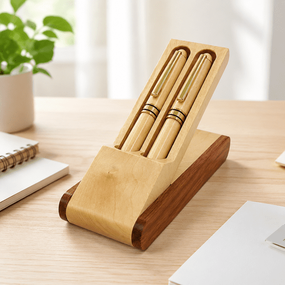 Luxury Wooden Pen Gift Set with Convertible Pen Case Stand, 2 Smooth Writing Ballpoint Pens & Wooden Display Box, Elegant Office Desk Accessory for Business, Graduation, Birthday, Fathers Day Gifts