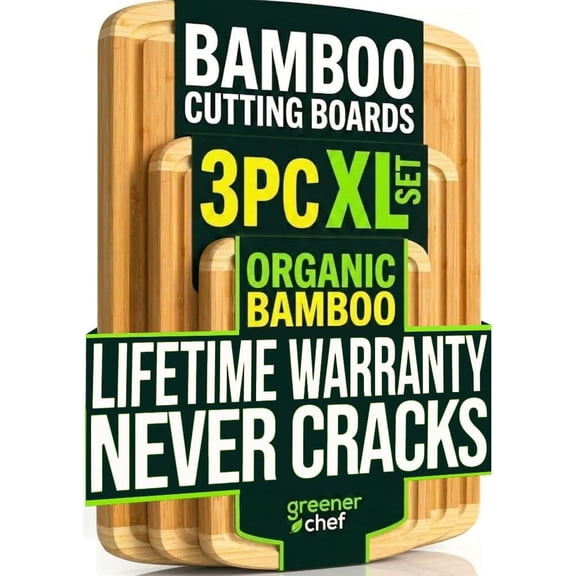 Luxury XL Bamboo Cutting Board Set of 3 with Vertical Grain Strength Technology - Extra Large Wood Cutting Boards for Kitchen and Lightweight Chopping Board Set - Replacements for Life