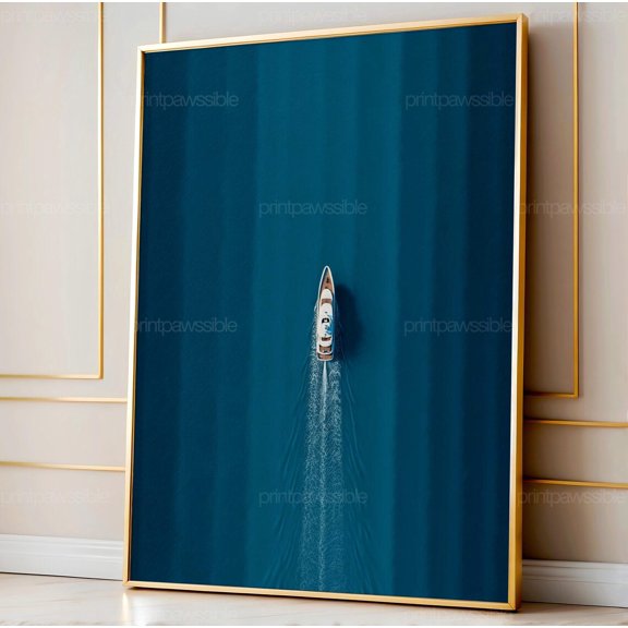 Luxury Yacht Wall Art Minimalist Sailing Aerial Ocean Illustration Nautical Decor Abstract Sea, Unframed Paper Poster 8x10in