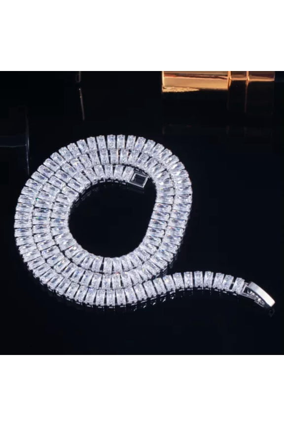 Luxury Yellow Gold Plated CZ Long Baguette Chain Tennis Wedding Choker Necklace