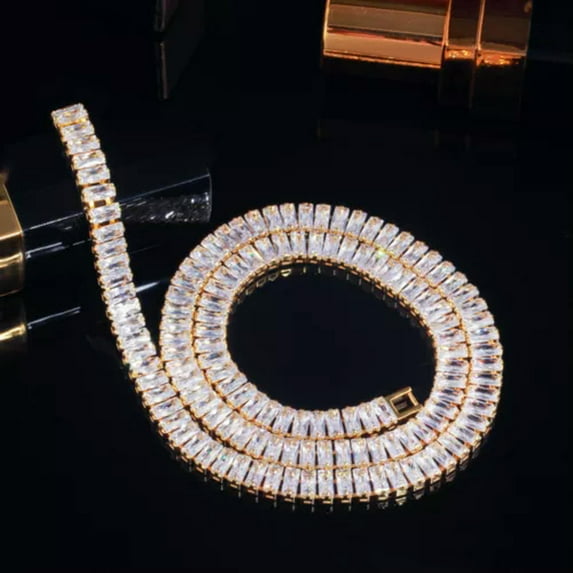 Luxury Yellow Gold Plated CZ Long Baguette Chain Tennis Wedding Choker Necklace