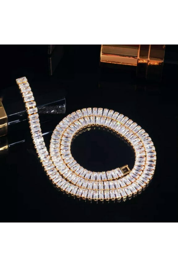Luxury Yellow Gold Plated CZ Long Baguette Chain Tennis Wedding Choker Necklace